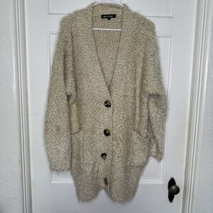 Hot And Delicious Beige Fuzzy Oversized Cardigan Sweater Buttons Pockets Free Sz